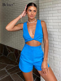 Blue Linen Shorts Sets 2 Piece Outfits Vacation Deep V-Neck Sexy Crop Tops Summer Fashion Straight Shorts Suit Woman