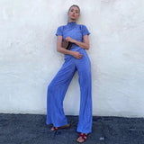 Woherb 2023 Summer New Thin T-Shirt High Waist Blue Pleated Floor Pants Casual Women's Fashion Suit-Outfit
