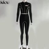 kliou women 2 pieces set fitness tracksuit long sleeve zipper crop top+leggings fashion reflective letters sportswear