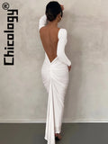Sexy Backless Long Sleeve Ruched Bodycon White Long Dress Elegant Evening Festival Party Club Women Outfit Wholesale-Outfit