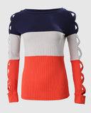 Out Fashion Colorblock Crisscross Cold Shoulder Top Casual Pullover Top T Shirt-Outfit