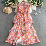 Court High-Grade Shattered Floral Dress Women Summer Horn Cuff Belt Thin Design Super Fairy Temperament