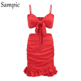Ruffle High Waist Two Piece Skirt Set Backless Bow Crop Top Club Outfits Sexy 2 Piece Set Women Summer Matching