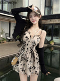 Gothiscyn Long Sleeve Knit Cardigan Crop Coat Two-piece Dress Ladies Drawstring Floral V-neck French Suspender Robe Suit