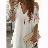 Off Shoulder Dress Women Vintage Floral Print Half Sleeves Midi Dresses Casual Sling V Neck Lace Boho Beach Party