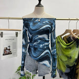 Dyed Printed Shoulder T-Shirt Design Sense Irregular Open Fork Thin Mesh Long Sleeve Top
