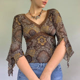 Spring Female Mesh T-shirt Y2K Vintage Print Sexy Women Front Cross Tie Up V Neck Long Split Flare Sleeve Crop Tops
