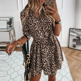 hirigin Women Spring Autumn Leopard Shirt Dress Long Sleeve Turn-down Collar Sashes Mini Dress Single Button OL Lady Sexy