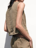 2023 Women Summer Vests Coats Vintage Solid V-Neck Single Breasted Linen Female Elegant Street Waistcoat Vest Clothing-Outfit