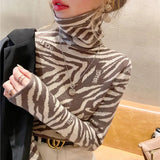 Pullover 2023 Spring Autumn Women Knitted Turtleneck Sweater Casual Jumper Zebra Pattern Letter Print Slim Sweaters-Outfit