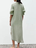 2023 Women Summer Linen Shirts Dress Fashion Solid V-Neck Long Sleeve Female Elegant Street Mid-Calf Dresses Clothing-Outfit