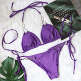 Woherb 2023 New Sexy Metal Accessories Rhinestone Women's Split Swimsuit Plain Strap