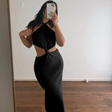 Sexy Vacation Outfits Knitted Halter Maxi Dresses for Women 2021 Elegant Dress Sets Holiday Beach Sundresses
