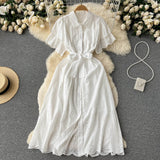 Gentle Wind Turn Collar Bubble Sleeve Medium-Long Shirt Skirt Lace Thin Hollow-Out Design French Dress-Outfit