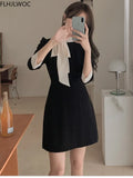 Chic Korea Fashion Black Shirt Dress 2022 Female Japan Cute Girls Patchwork Big Bow Tie Design Feminine