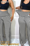 Women Loose Wide Leg Pants Fashion Casual Houndstooth Print High Waist Pants Trousers Autumn Winter-Outfit