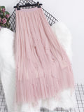 Women Beaded Petal Mid-length Ruffles Mesh Pleated Skirts Elegant High-waisted Fairy A-line Long Tulle Skirts QT1682-Outfit