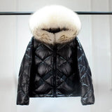 Winter Puffer Jacket Women Hooded 90% Duck Down Coat Short Female Shiny Glossy Feather Parkas Huge Real Raccoon Fur-Outfit