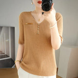 Woherb 2024 New Short Knit Women's Fashion Slim Short-Sleeve T-Shirt Thin Medium Sleeve Top-Outfit