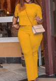 Plus Size Casual Solid Round Neck Short Sleeve And Pant 2 Piece