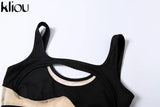 Kliou Mesh Patchwork Two Piece Set Women Skinny Hole Sleeveless Vest+Mid Waist See Through Leggings High Street Attirewear