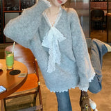 Woherb Type Advanced Feeling Catch Spell Lace Bow False Two Knit Sweater Female Autumn Dong New Style Languid Lazy Wind Bottom Sweater-Outfit