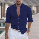 New Men's Summer Cotton-Blind Beach Shirt Long Sleeves Solid Hawaiian Holiday