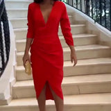 Woherb 2024 New Solid Color Low-Cut V-Neck Pleated Waist Sexy Backless Dress-Outfit
