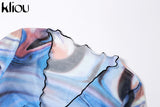 Kliou Bow Lace Print Sheath Sexy Women Two Piece Sets 2021 Flare Sleeve V-Neck Hot Female Mesh Ruched Clubwear