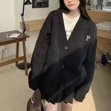 Woherb Wind Sweater Coat Women's Sheep Wool Winter New Wear Letters Embroidered Loose Knit Cardigan Top-Outfit