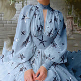 New Multi-Colored Half-High Collar Glide Open Lantern Sleeve Sleeve Chiffon Dress Chiffon