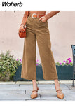 Cotton casual corduroy women long pants autumn winter Office button wide-legged trousers Fashion mid waist ladies bottom 601-1-Outfit