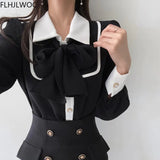 Women's Cute Bow Tie Tops Preppy Style Vintage Japan Korea Design Single Breasted Button Elegant Formal Red Black Shirts