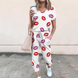 Casual Tie-dye Print 2 Piece Set O Neck Short Sleeve Tops And Drawstring Lace Up Long Pant Summer Sport Loose Female