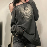 Woherb 2024 New Dark Wind Vintage Print Loose Jacket Diagonal Collar Hoodie Coat Female-Outfit