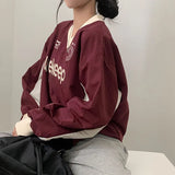 Woherb Letter Print Contrast Color V-Neck Baseball T-Shirt New Fall Versatile Casual Long-Sleeved Top Women-Outfit