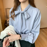 Korean Tops 2021 Spring Satin Chiffon Blouse Women Fashion Blue Long Sleeve Shirt White Office Lady Clothes with Bow