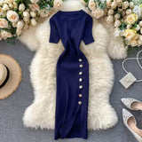 Summer New Knee Tight Elastic Knitted Dress Open Design Buckle Round Neck Dress Short