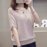 Woherb Out Net Shirt Female New Loose Head Large Size Jacket Thin Knit Air Conditioning Shirt Short Sleeve Summer Dress Student T-Shirt-Outfit
