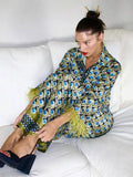 Plaid Feather Blouses High Waist Pants Suit casual turn down collar long sleeve 2 Piece Sets fashion high street outfits-Outfit