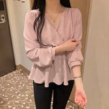 Korea Chic Tops Blusas Women Fashion Flhjlwoc Slim Elastic Waist Belly Peplum Design Ruffled V Neck Solid White Pink