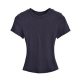 Trend Women's Wear Thread Slim Short-Sleeved T-Shirt Sexy Round Collar Solid Color Shoulder Show Thin Short Navel Blouse-Outfit