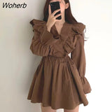 Women Ruffles Dresses Sweet V-neck Lantern Sleeve Lace-up Mini Womens Vestidos Vintage Ulzzang Slim Elegant Streetwear Versatile-Outfit