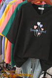 100% Cotton M-6XL T Shirt Heart Balloon Print Tshirt Short Sleeve Women's Top Summer Couple V Neck Oversized T Shirts-Outfit