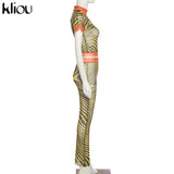 Kliou Sexy Mesh Two Piece Set Women SeeThrough Midnight Style Striped Color Blocking Top+Letter Print High Stretchy