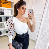 White Black Patchwork Mesh Blouse Women Polka Dot Puff Sleeve Top One Shoulder Sexy Clothing Female Blusa Shirt
