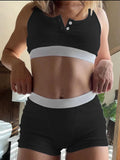 New 2024 Women Shorts T-shirts Sporty Two Piece Set Streetwear Sexy Women Slim Button Patchwork Knitted Lady Cropped Top-Outfit