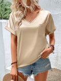 Women's Satin Satin V-Collar Pocket T-Shirt Curling Short-Sleeved Loose Casual Blouse-Outfit