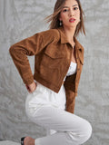 Women's Corduroy Flip Pocket Button Short Casual Jacket