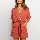 Summer Casual Buttons Jumpsuits 2021 Fashion Solid Pockets Jumpsuit With Belt V-Neck Short Sleeve Female Rompers